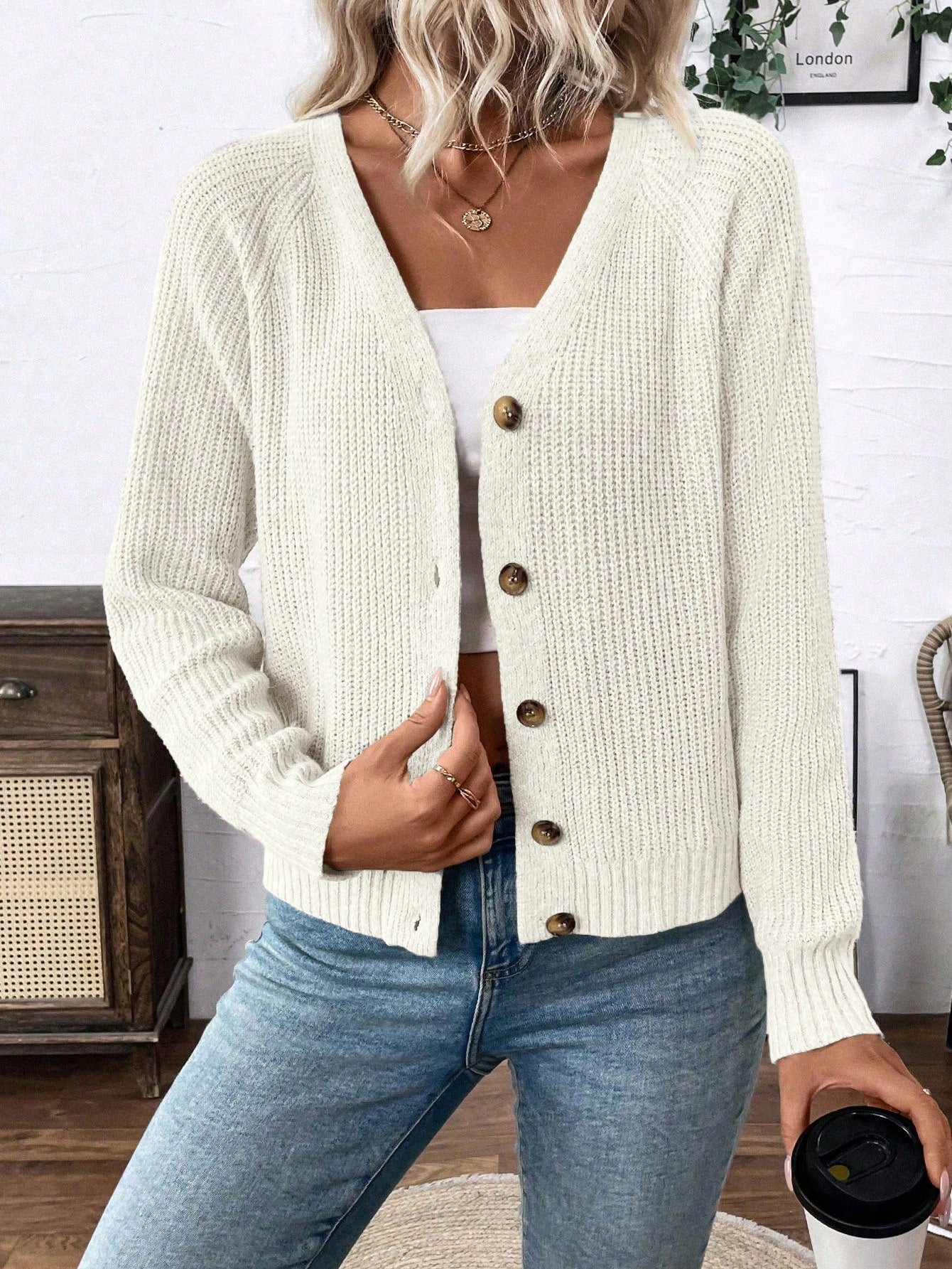 Lune chaqueta de punto de manga larga casual con cuello en v y manga raglan para mujer, con diseno minimalista y ajuste holgado para otono/invierno