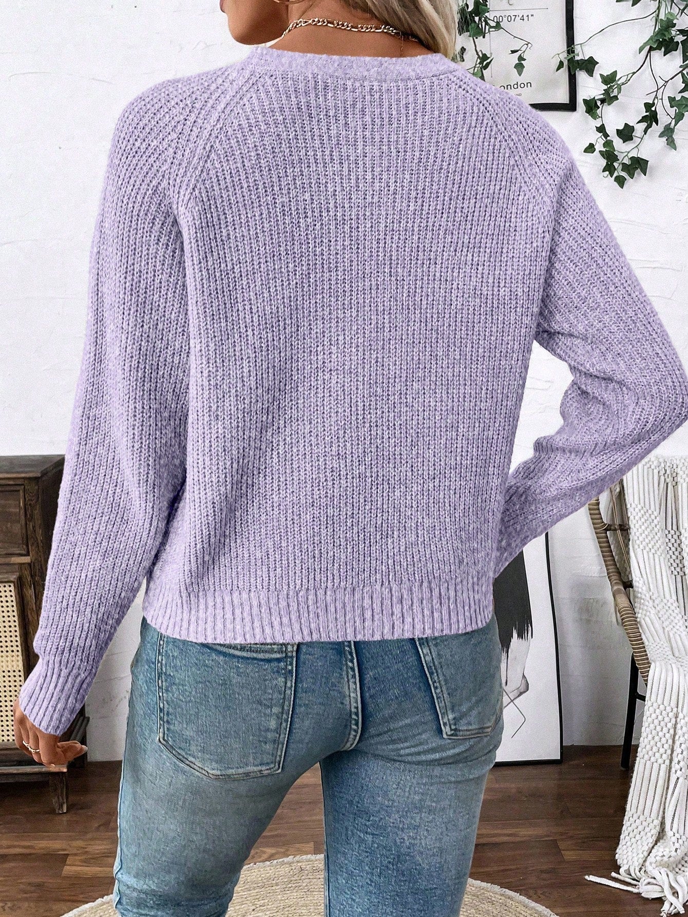 Lune chaqueta de punto de manga larga casual con cuello en v y manga raglan para mujer, con diseno minimalista y ajuste holgado para otono/invierno