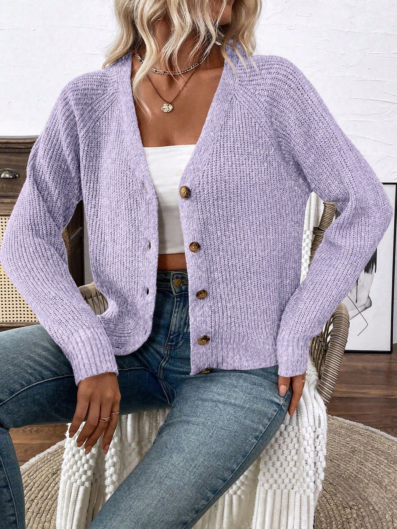 Lune chaqueta de punto de manga larga casual con cuello en v y manga raglan para mujer, con diseno minimalista y ajuste holgado para otono/invierno