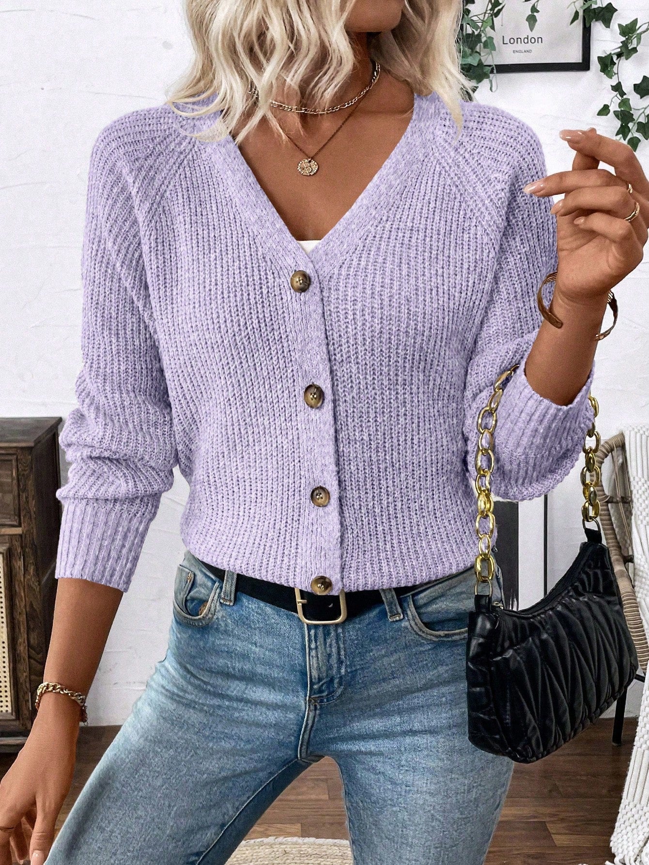 Lune chaqueta de punto de manga larga casual con cuello en v y manga raglan para mujer, con diseno minimalista y ajuste holgado para otono/invierno