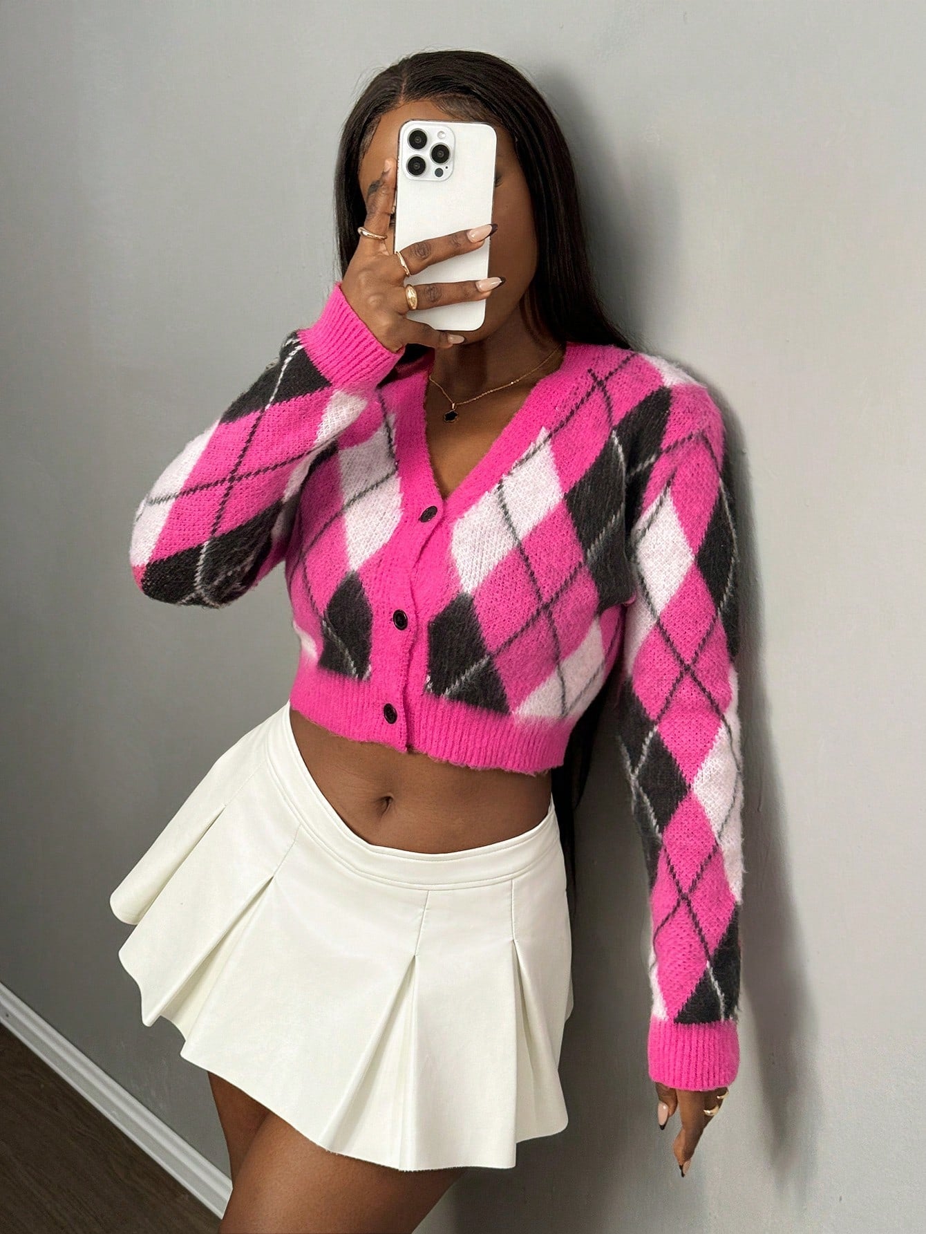 Slayr nuevo abrigo de mujer tipo chaqueta de punto con cuello en v, hombros anchos, manga larga, diseno troncoconico a cuadros con contraste de color rosa rojo, estilo universitario casual para otono e invierno