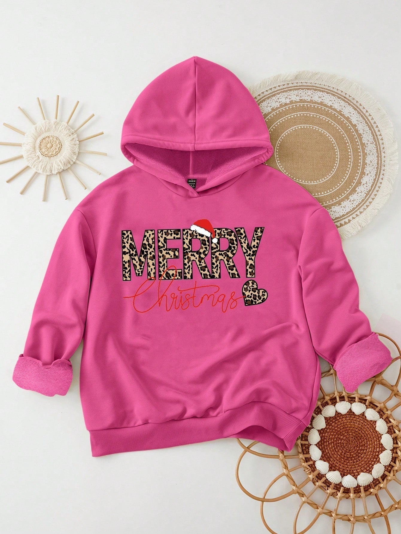Ezwear jersey holgado de manga larga con estampado de arbol de navidad y texto "feliz navidad" en estilo minimalista y vintage con estampado de leopardo, para mujer
