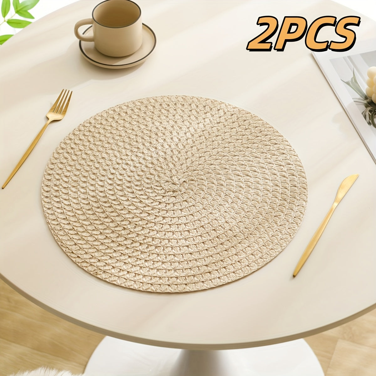 2/4/6 piezas Juego de manteles individuales de lino, tapetes de mesa tejidos redondos, 100% lino resistente al calor, decoración de comedor lavable, patrón a cuadros para uso doméstico y de cocina