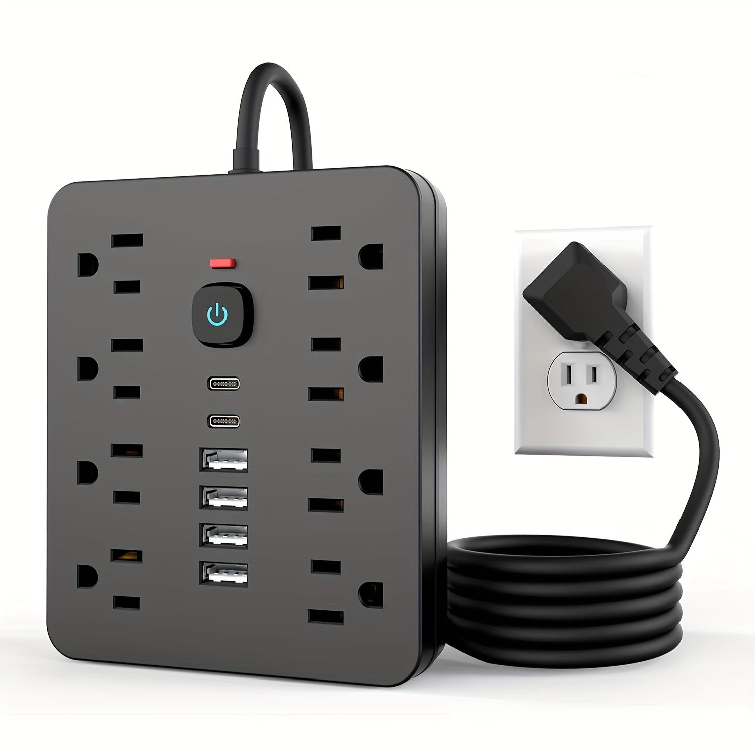 Regleta de 14 en 1, 8 tomacorrientes, 4 puertos USB, 2 puertos USB-C, cable de extensión de 152.4/304.8 cm, enchufe plano, montaje en pared, protección contra sobrecargas, supresor de picos, ideal para carga en el hogar y oficina
