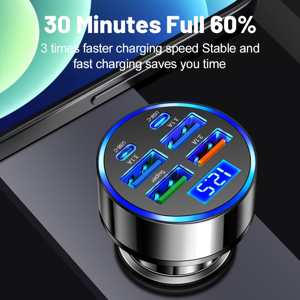 Carregador Móvil 6-en-1, 2PD 4USB, Cargador de Coche con 6 Puertos, Carga Rápida de 100W, Pantalla de Voltaje/Prueba, Luz Ambiente con Refrigeración Inteligente por Chip, Universal para Todos los Modelos, Elección Ideal para Regalo en 11 Fiestas