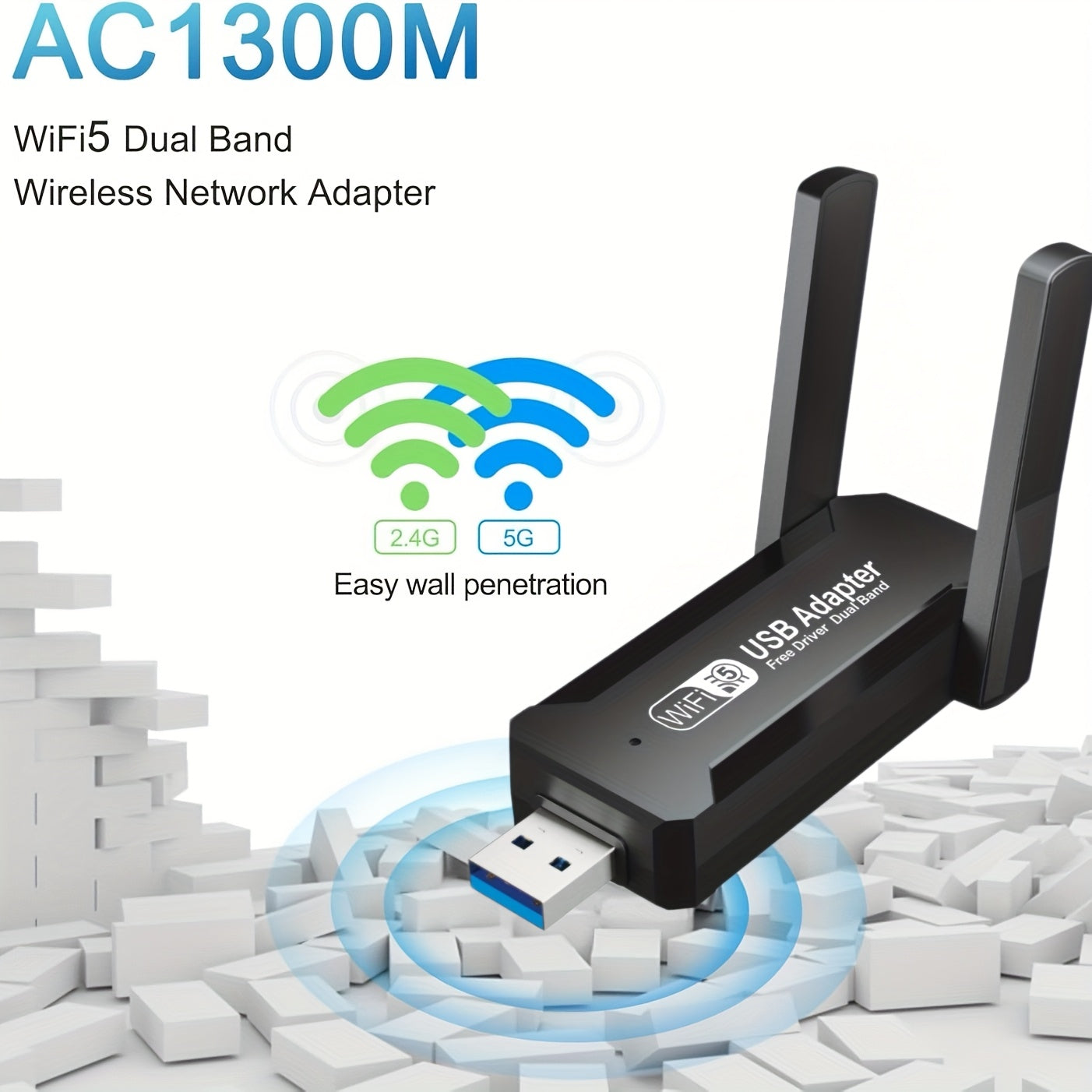 Adaptador WiFi USB 1300 Mbps, doble banda 2,4 G y 5,8 G, compatible con modo AP, IEEE 802.11g, adaptador de red inalámbrica adecuado para portátiles y computadoras de escritorio. Adaptador WiFi USB 1300 m, doble banda 2,4 G y 5,8 G, adaptador de red inal