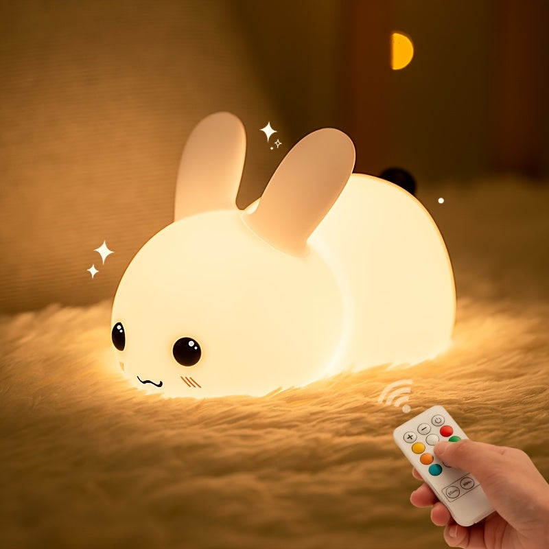 1 Luz nocturna de silicona con forma de conejo de jade, regalo creativo, carga USB, control remoto colorido, atenuación táctil, luces LED para dormir.
