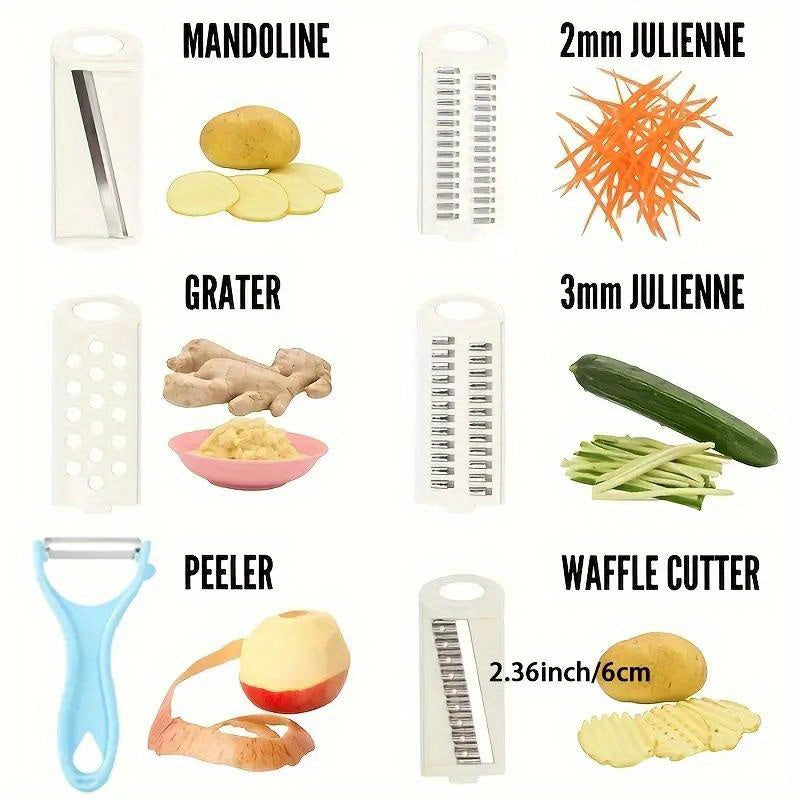 Set de cortador y rallador de verduras multifuncional con cuchillas intercambiables, herramienta de cocina mandolina de mano para cortar en juliana y en gofre papas, zanahorias, pepinos, incluye pelador - Gadgets manuales para preparación de alimentos