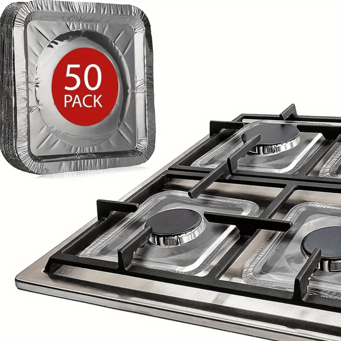 50pcs Cubiertas Desechables de Aluminio para Quemadores de Estufa de Gas, Cuadradas de 21.59cm, Resistentes al Calor - Almohadillas de Protección Gruesas para Cocina, Ideales para Uso Doméstico y Necesidades de Cocina, Protectores para la Parte Superior