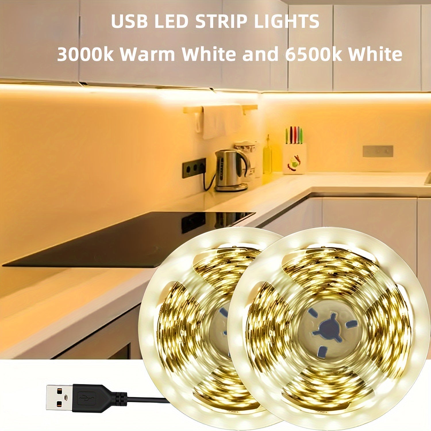 Luces LED 91.44cm-15.24metro para iluminación de dormitorio, Conectar y reproducir, con blanco cálido de 3000K y blanco de 5600K, Adecuado para familias de vacaciones, fiestas, vitrinas de exhibición interior, iluminación de fondo de TV