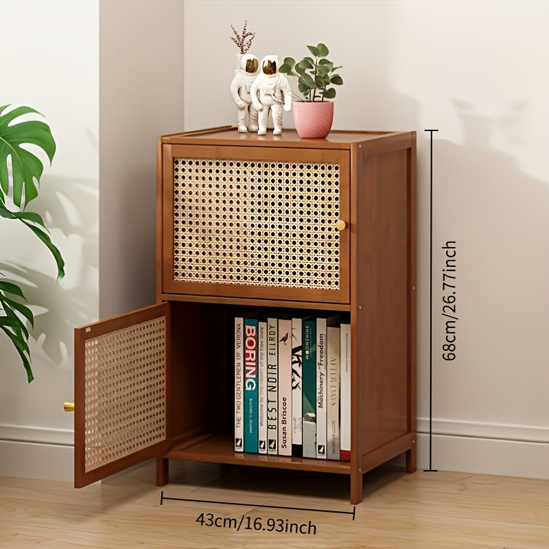 Estantería de Bambú de 2 Niveles con Puerta - Mueble Multinivel para Sala, Soporte para TV o Estante Montado en Pared, Diseño Ventilado y Ahorrador de Espacio, Estilo Minimalista, Acabado en Madera Natural con Cajones de Almacenamiento