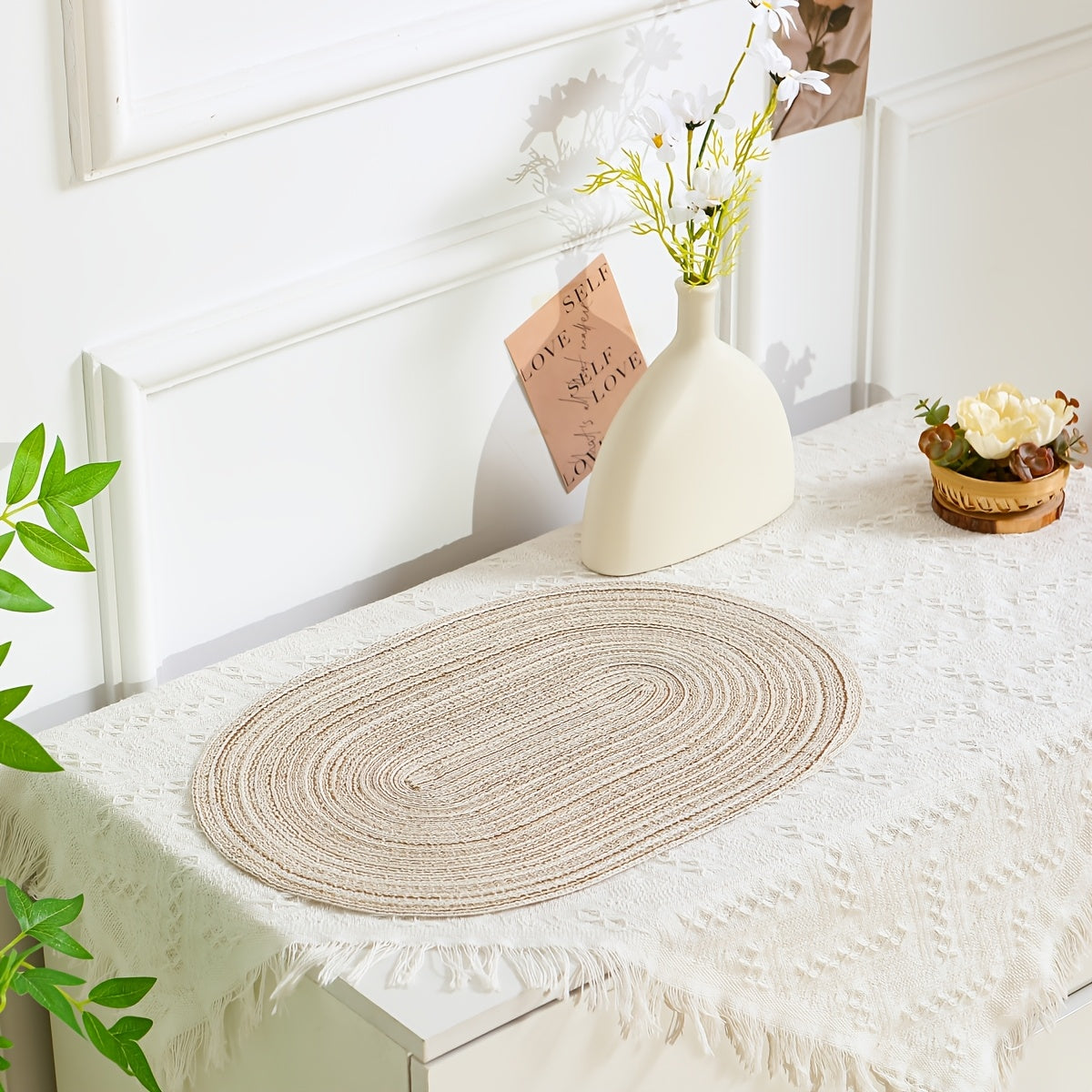 4/6pcs Placemats de hilo oval, manteles de mesa lavables, poliéster 100.00, decoración de comedor tejida a mano, almohadillas de mesa de 100% poliéster
