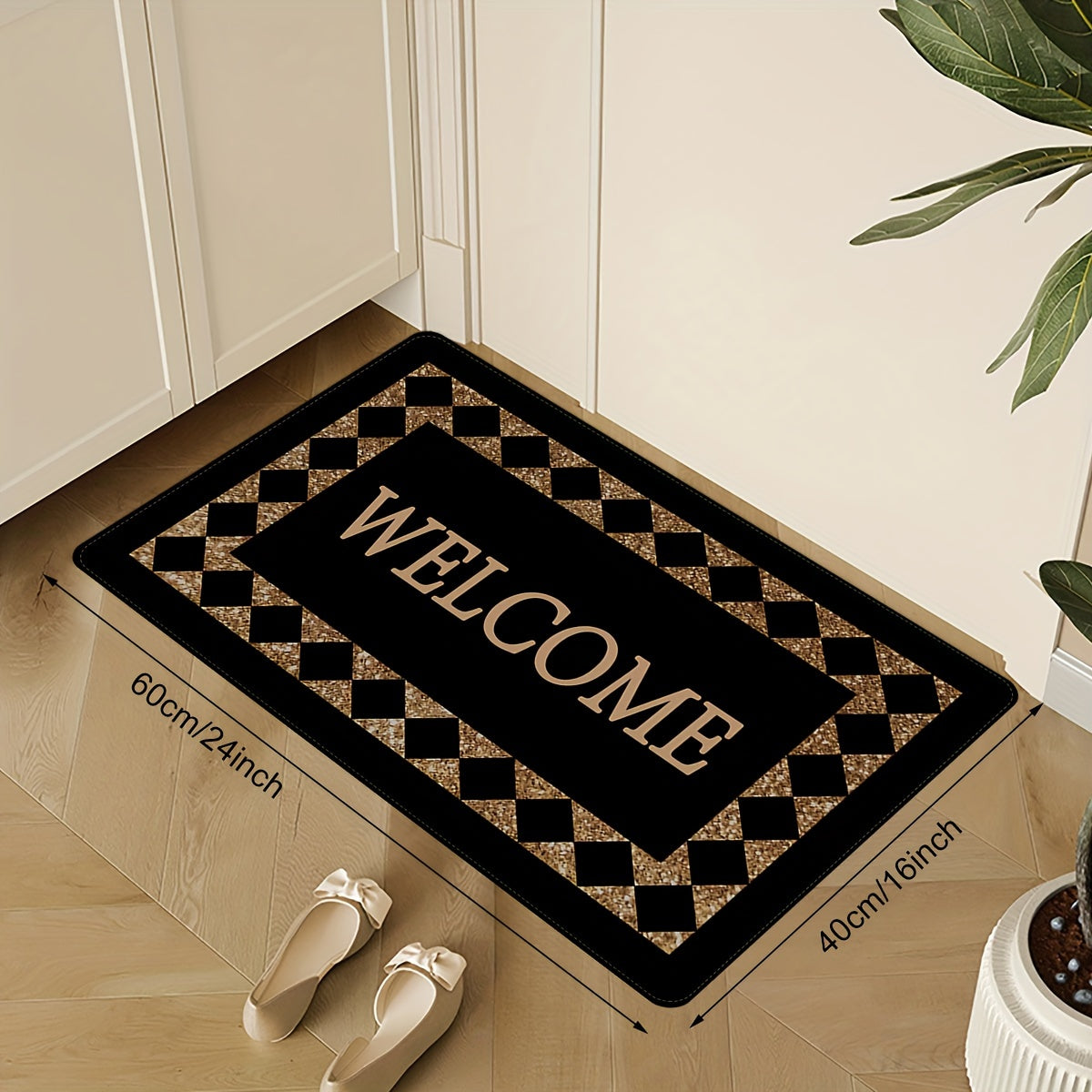 1 pieza de "BIENVENIDO" alfombra de pana - Poliéster antideslizante, ligero, patrón de cuadros negro y dorado, perfecto para decoración del hogar, alfombra de bienvenida para la entrada | Alfombra de patrón de cuadros | Alfombra de fibra de poliéster, al