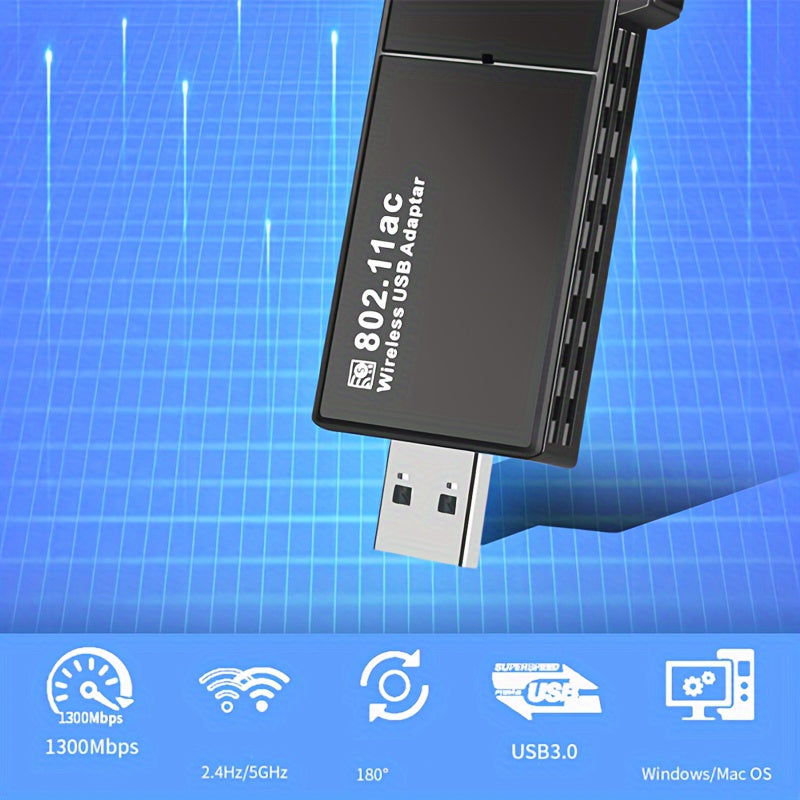 Adaptador de red inalámbrico USB de 1300Mbps con antena de doble banda, 2,4GHz y 5,0GHz, Modo de alimentación: USB, Voltaje de funcionamiento: ≤36V, Opción de conectividad: USB, Propiedades de la batería: Sin batería, Compatible con Windows 10/11/8.1/7,