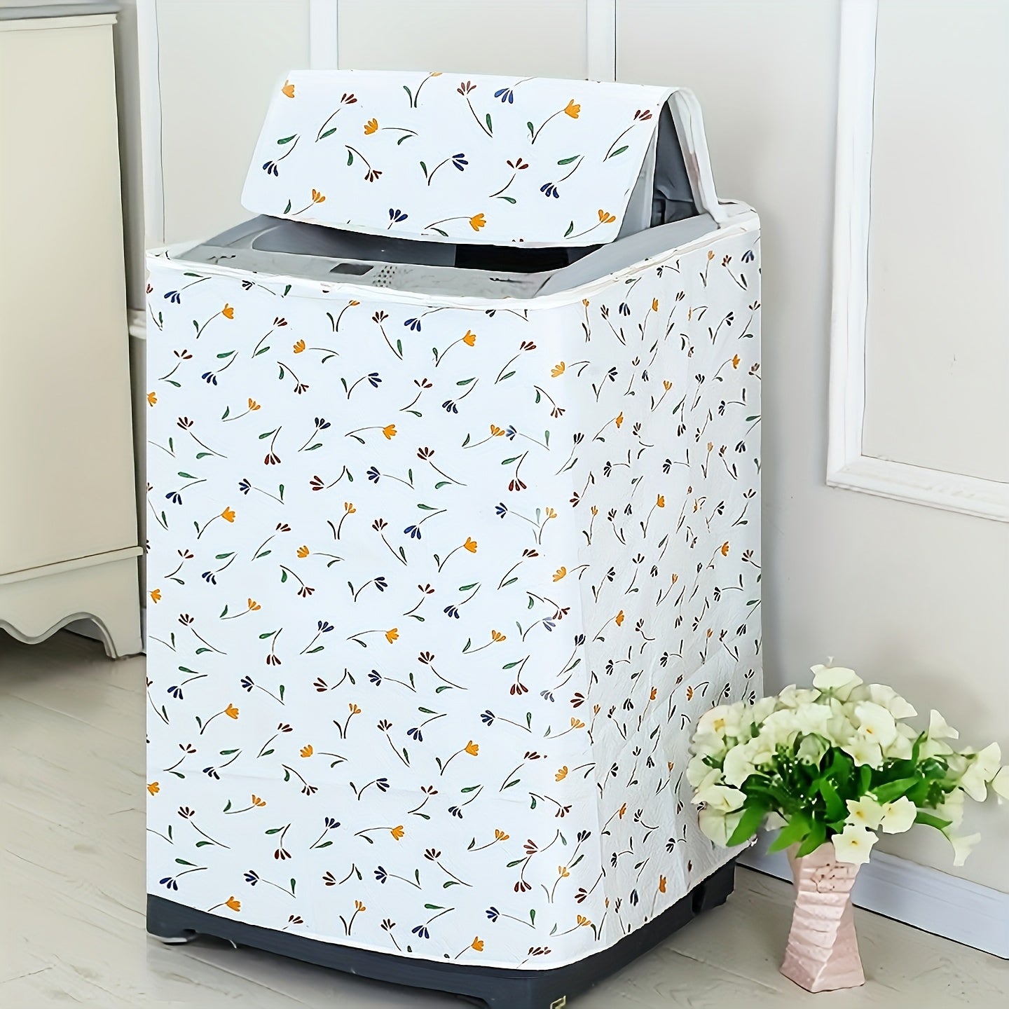 Reemplazo de Tapa Moderna para Lavadora con Estampado Floral - Blanco/Amarillo/Verde Azulado, Compatible con Lavadoras Frontales y Monobloque, Cubierta Duradera en PE - Antidesvanecimiento, Anti-polvo, Fácil Limpieza, Diseño Seguro para Lavadoras, Acceso