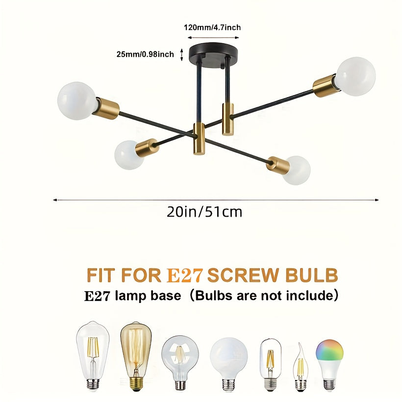 1pc Lámpara Colgante Industrial Moderna en Negro y Dorado - Elegante Aplique de Techo con 4/6 Bombillas, Montaje Semi-Encastrado, Base E26/E27 para Sala de Estar, Comedor, Dormitorio, Cocina, Café - Acabado Metálico Elegante, Sin Bombillas Incluidas, Luc