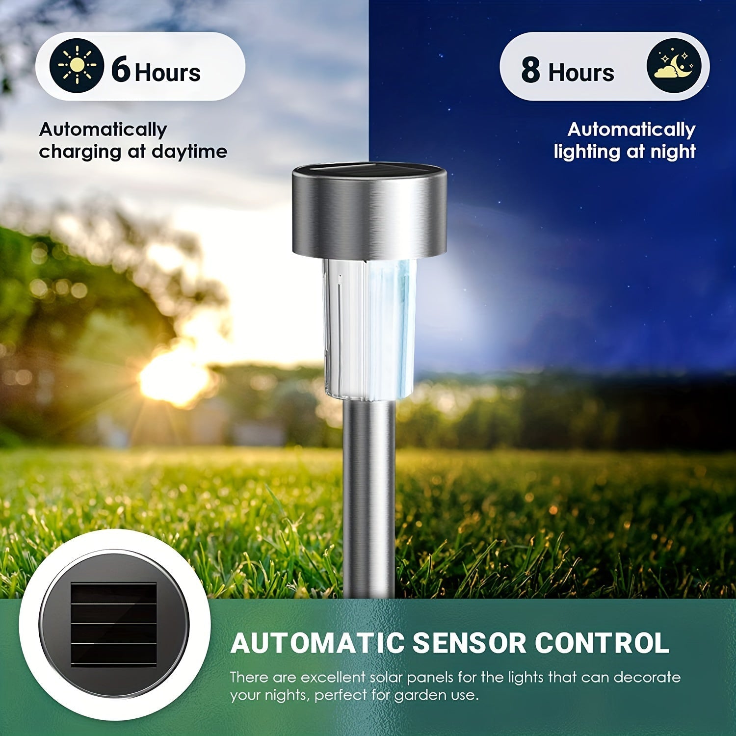 Juego de 10 luces solares LED para exteriores, luces decorativas de acero inoxidable para jardín, césped, camino, terraza, entrada, fiestas, con batería de níquel de 40 mAh, sin control remoto