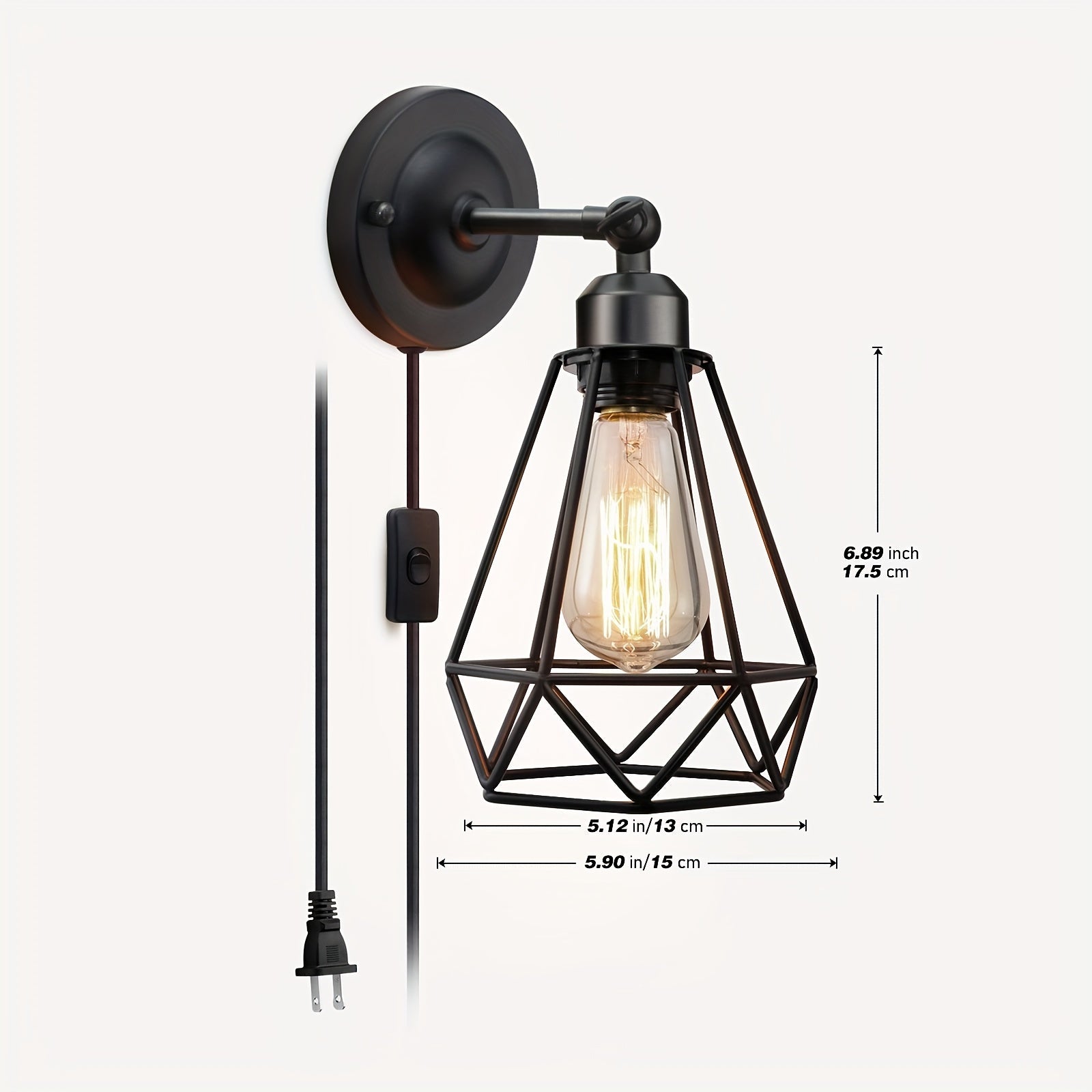 2 piezas de apliques de pared rústicos industriales con diseño de bombilla Edison, lámparas de jaula de alambre metálico de 60W, energéticamente eficientes con interruptor de encendido/apagado, ideales para decoración de dormitorio y porche