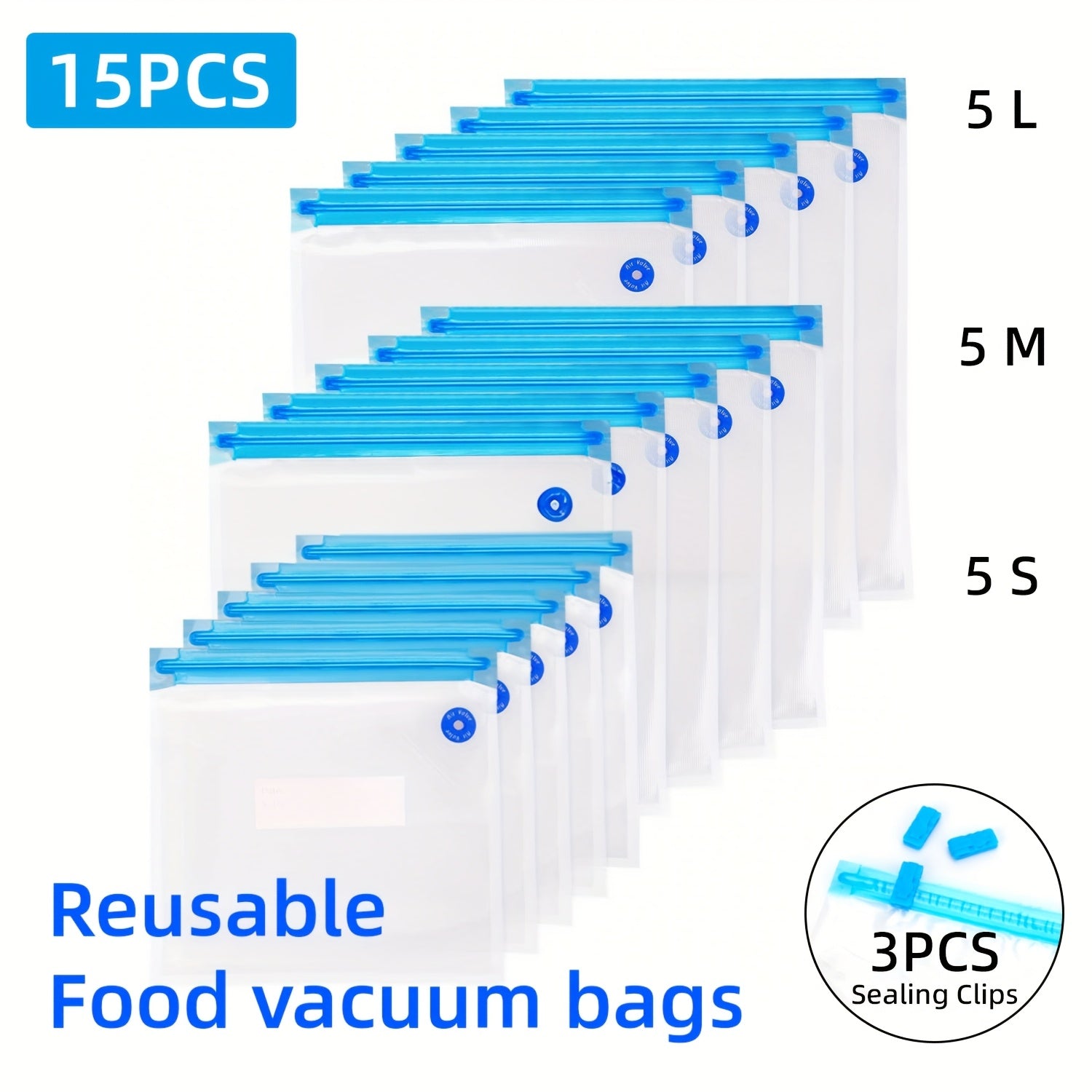 5/15 bolsas selladoras al vacío, fundas reutilizables de varios tamaños, para sous vide y preparación de comidas, material grado alimenticio sin BPA, almacenamiento manual duradero, cierre hermético, válvula de aire reemplazable, conservación fácil, esen