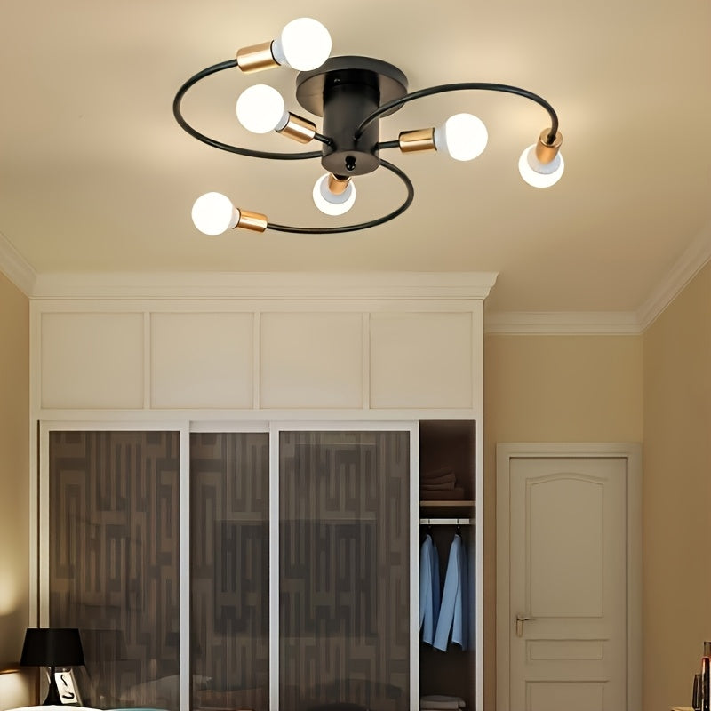 1 lámpara de techo retro negra y dorada, diseño industrial simple con codo semiempotrado, decoración de iluminación para hogar, 110-240V, ideal para dormitorio, cocina, comedor, estudio o pasillo del ático