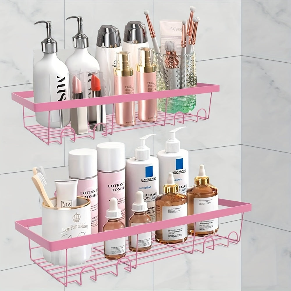 2 piezas de organizador de ducha pegajoso rosa, acero inoxidable resistente a la oxidación, soporte de almacenamiento montado en la pared sin taladrar, adecuado para baño y cocina - Diseño que ahorra espacio, ideal para uso en la habitación de ducha, acc