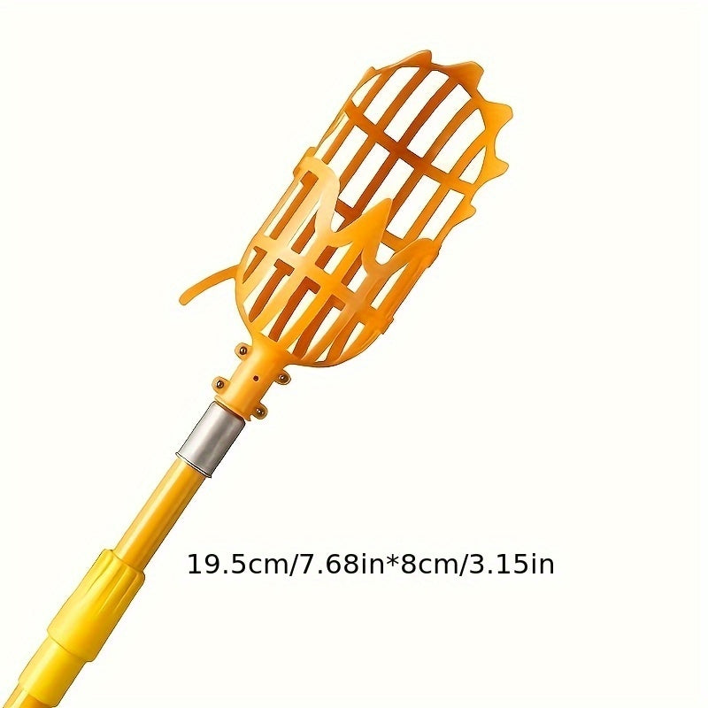 Canasta Ajustable para Recolector de Frutas - Cucharón Plástico Amarillo y Naranja para Recoger Bayas y Frutas Fácilmente, Diseño con Palo Telescópico para Mango, Cereza, Arándanos, Níspero y Más