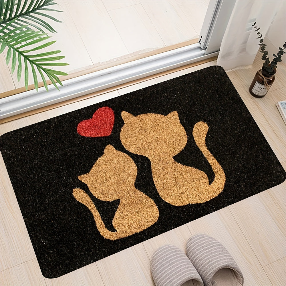 1 alfombra de entrada con silueta de gato Whisker Wonders, rectangular, de poliéster, base antideslizante de PVC, lavable a máquina, para interior/exterior, diseño con corazón