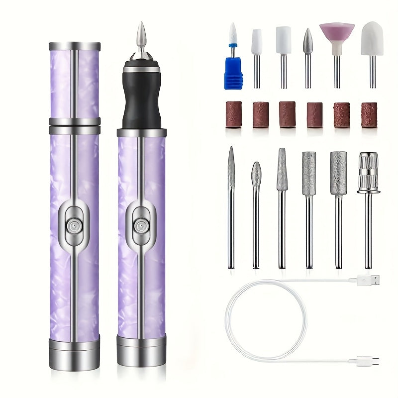 Lima eléctrica para uñas, kit de manicura y pedicura con 12 cabezales de pulido y 6 bandas de lijado, 4 velocidades, set de regalo para limar, recortar y pulir uñas acrílicas y de gel (morado)