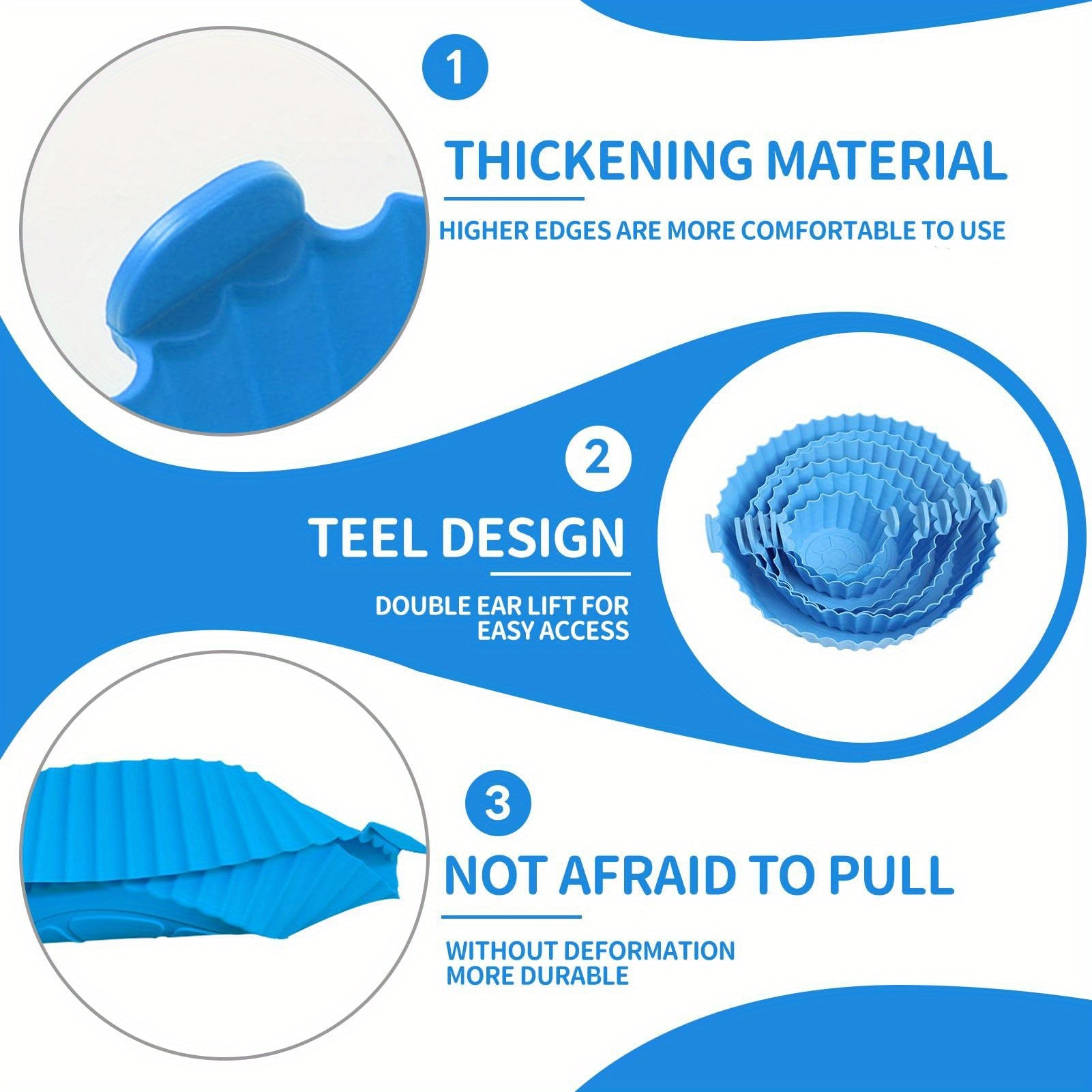 Juego de 7 piezas: 6 fundas de silicona de tamaño múltiple para freidora de aire + 1 molde de pastel de 7 agujeros - Bandejas de hornear azules no adherentes con bordes ondulados, perforadas para una cocción uniforme, fácil limpieza - Herramientas de hor