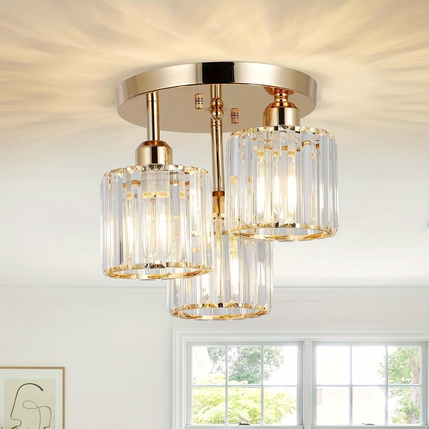 1 pza. Moderno candelabro de cristal de 3 luces con pantalla de cristal, base E27, 110V-240V, montaje semi empotrado, luz colgante ajustable para sala de estar, dormitorio, cocina, pasillo, baño, accesorio de iluminación.