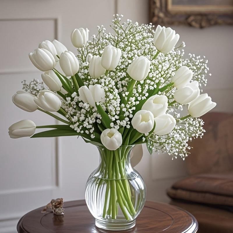 20/30 Tallos de Ramo Artificial de Gypsophila y Tulipanes Blancos - Flores Falsas con Textura Real para Bodas/Fiestas/Domésticos/Otros Decorativos, Centros de Mesa DIY, Regalos para el Día de la Madre/San Valentín/Graduacións, Sin Necesidad de Jarrón (De