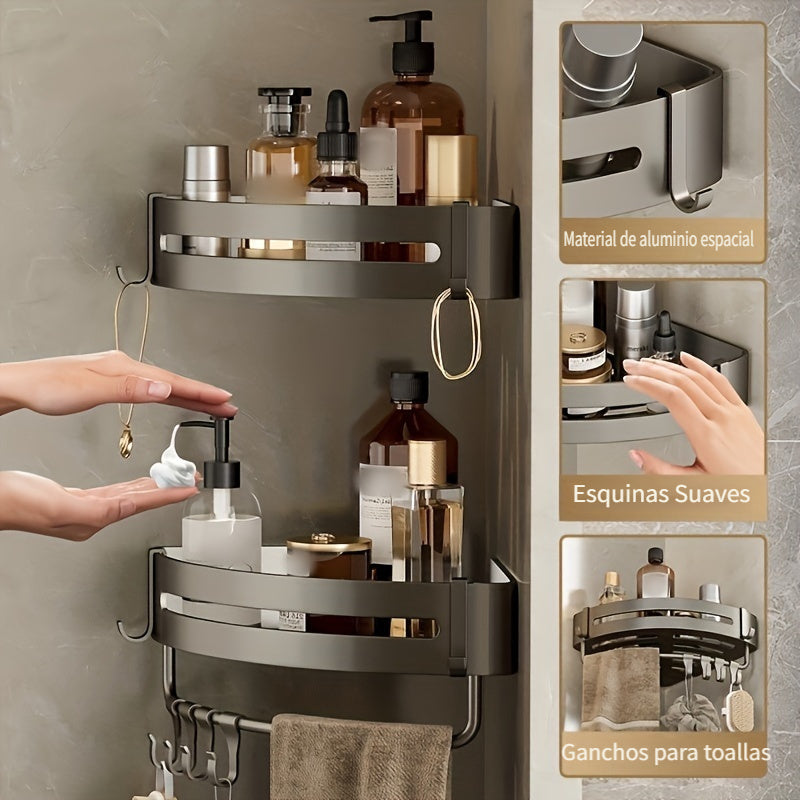 1/2/3 Piezas Estante de Aluminio para Baño Sin Taladro - Repisa de Esquina Montada en Pared para Champú, Maquillaje y Accesorios