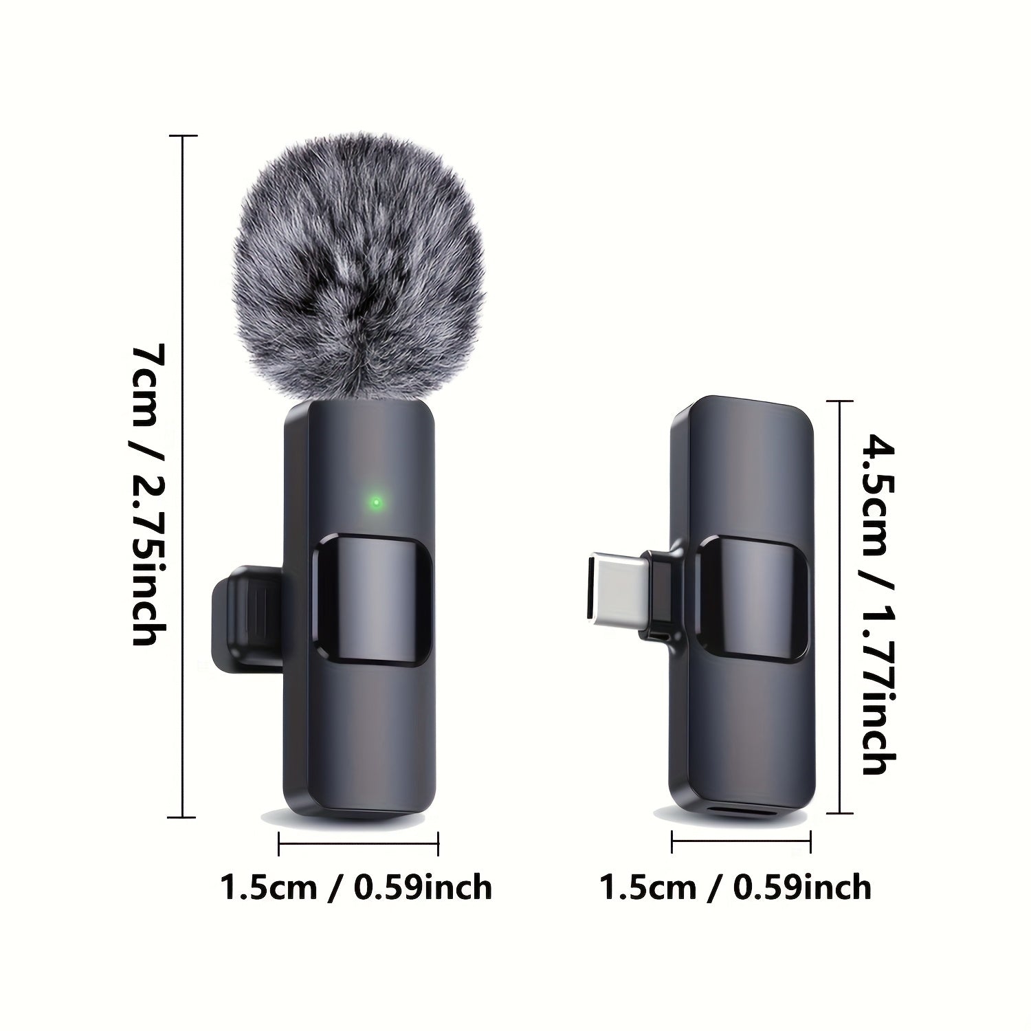 Micrófono inalámbrico Lavaliere, adecuado para transmisiones en vivo y videoblog, conectividad USB-C, batería recargable, diseño compacto con cubierta de espuma negra, fácil de usar plug-and-play, micrófono inalámbrico recargable.