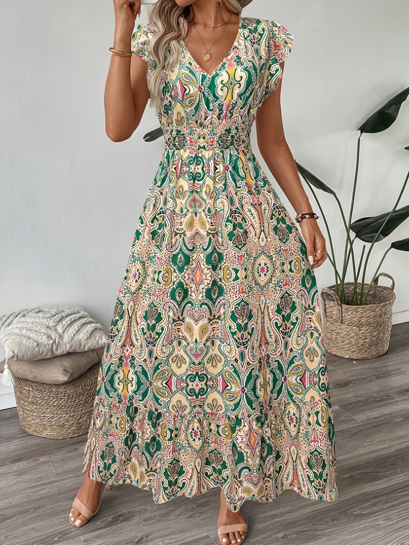 Vestido midi elegante para mujer con estampado floral, cuello en V, ajustado, mangas cortas y dobladillo con volantes - Lavable a máquina, vestido lápiz para todas las estaciones, ocasiones casuales o formales, estilo versátil y femenino, material durade