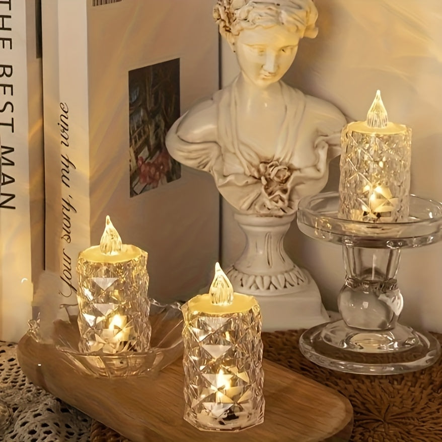 3 velas LED con diseños recortados, operadas con batería, sin llama y controladas con interruptor, ideales para decoración interior/exterior, perfectas para cumpleaños, fiestas, bodas y San Valentín, incluye tamaños pequeño, mediano y grande