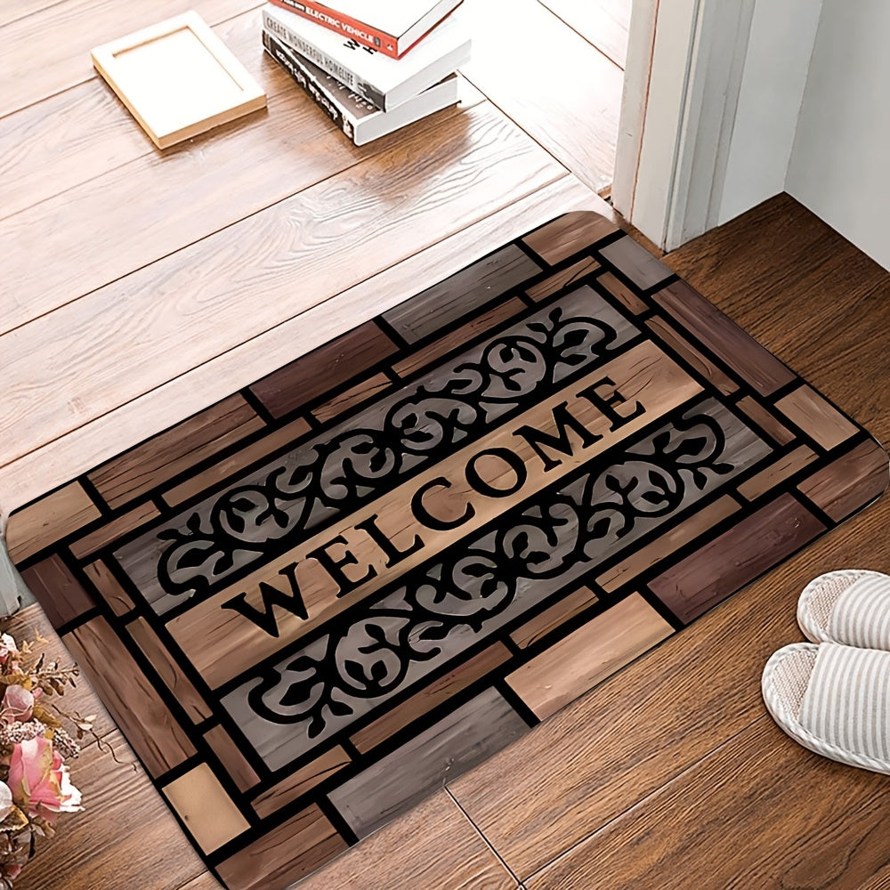 1 alfombra de bienvenida rústica - Resistente, antideslizante de poliéster con respaldo de PVC, diseño elegante en marrón para entrada y decoración del hogar, felpudo para puerta principal