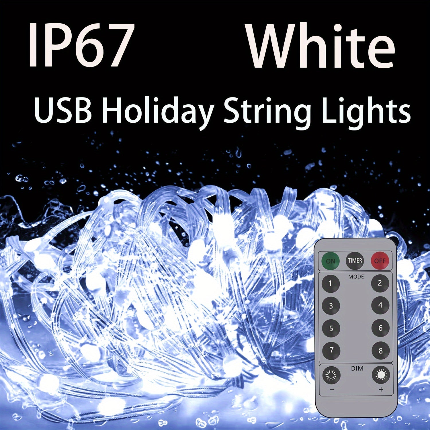 Luces de cadena de vacaciones impermeables blancas de 15.24/30.48/49.99 metros, alimentadas por USB con control remoto, velocidad de parpadeo ajustable, luces de Navidad impermeables IP67, adecuadas para Navidad, Día de San Valentín, decoración de ambien