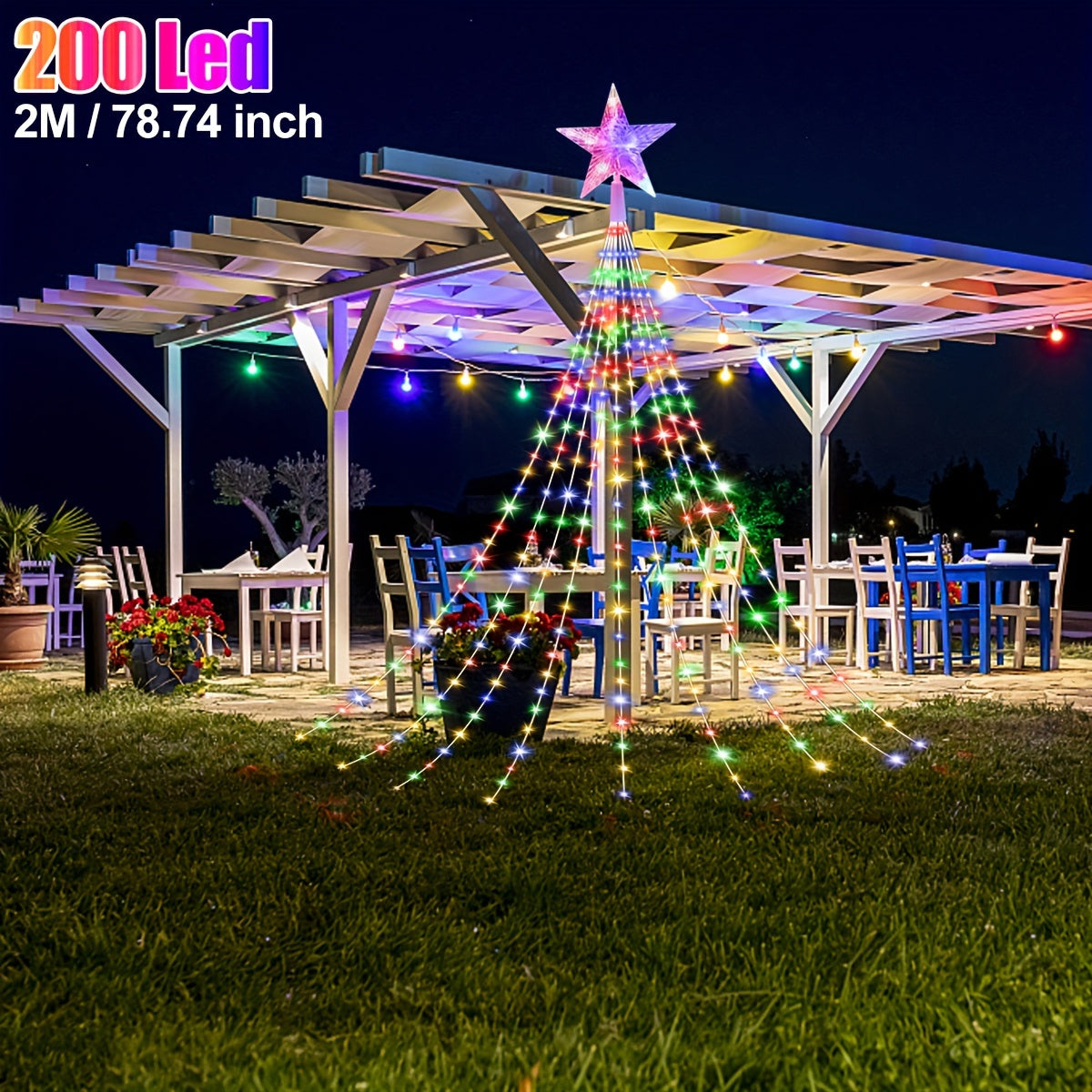 298.7cm 280 LED Luz de Cascada de Agua de Estrella, Luz Solar para Acampar al Aire Libre, 8 Modos de Luces de Cadena para Decoración de Jardín, Cortina, Patio, Árbol de Navidad, Fiesta, Hogar, Boda, Luz de Festival IP54 6.6ft 200LED