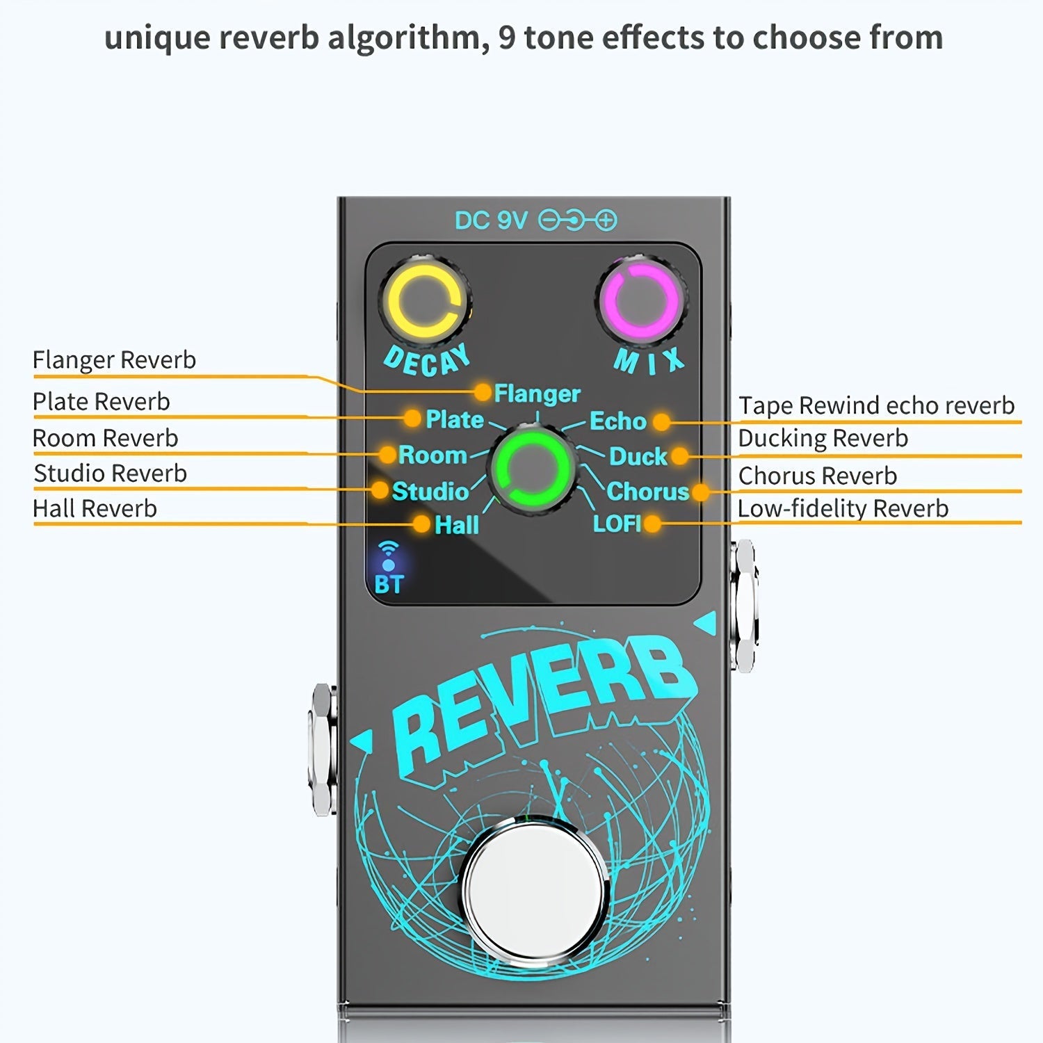 Pedal de Reverb Digital Negro 9-en-1 con Perillas Iluminadas - Incluye Flanger, Plate, Room, Studio, Hall, Tape Echo, Ducking, Chorus, Efectos Low-Fi - Decaimiento/Mix Ajustable, Acompañamiento Inalámbrico, Alimentación DC y Tipo-C, Gran Interruptor de P