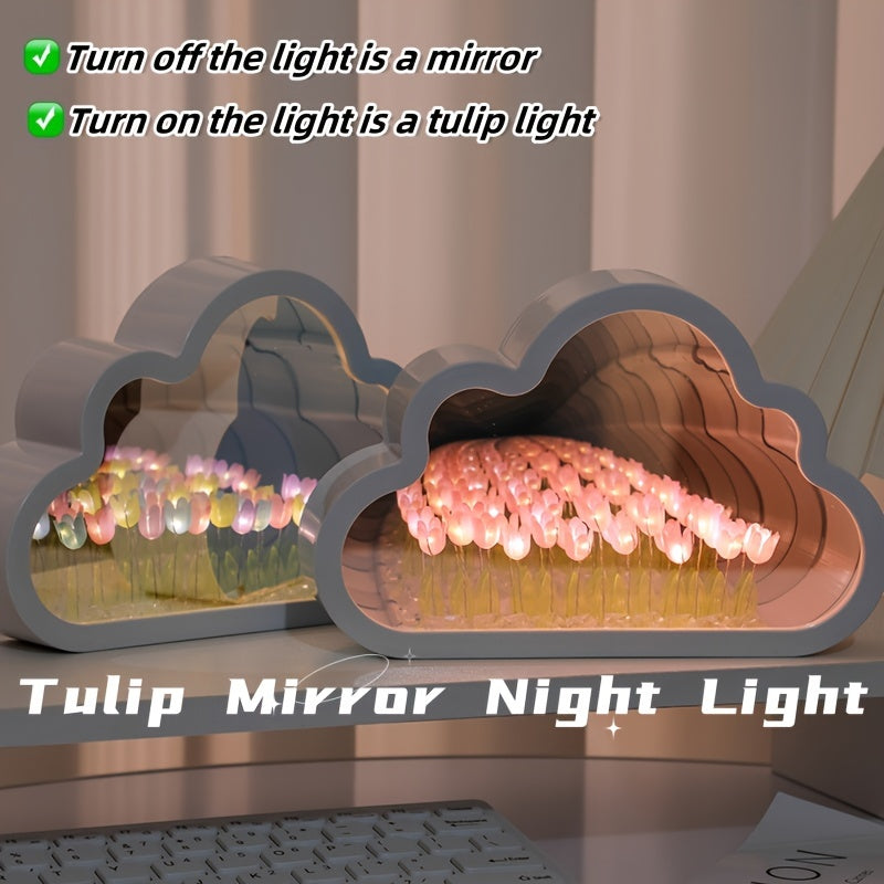 Lámpara de noche LED con espejo en forma de tulipán y nube, hecha a mano – Mar de flores multicolor con brillo ajustable, funciona con baterías, ideal para decoración de dormitorio o sala, regalo perfecto para Navidad, Día de San Valentín o cumpleaños