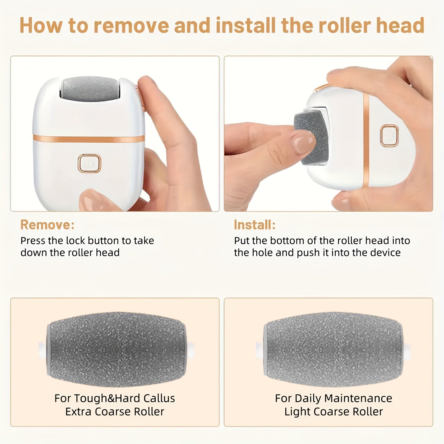 Lima eléctrica recargable para pies con 3 cabezales reemplazables, exfoliación suave, carga USB, portátil y fácil de usar, ideal para pies secos y agrietados, color beige claro, esencial para el cuidado de los pies, apta para adultos, herramienta portáti