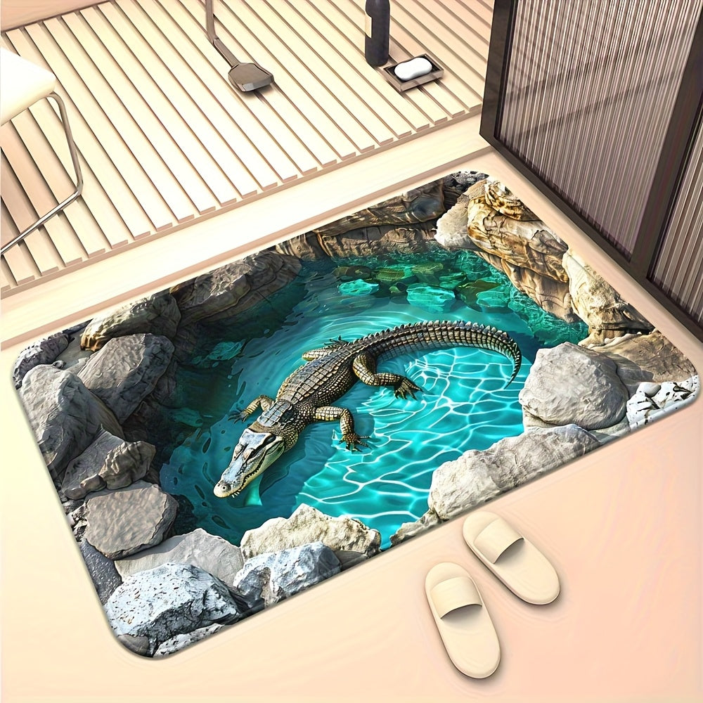 Tapete 3D con diseño de cocodrilo, antideslizante, ideal para baño, dormitorio y entrada de sala, lavable a máquina, 100% poliéster, diseño realista de cocodrilo con fondo de agua azul y piedras, decoración para entrada | Tapete con ilusión óptica 3D