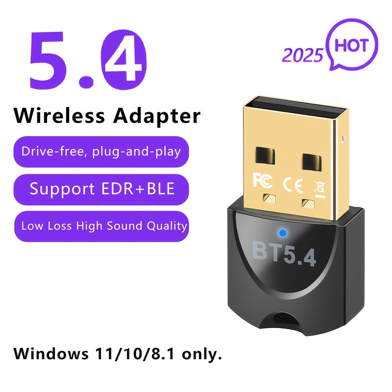 Adaptador inalámbrico USB BT5.4, receptor inalámbrico USB, compatible con computadoras/auriculares/teclados/mouse habladores, Windows11/10/8.1, enchufa y juega, compatible retro automático con dispositivos 5.3/5.1/5.0/4.2/4.1/4.0, haz que tu computadora
