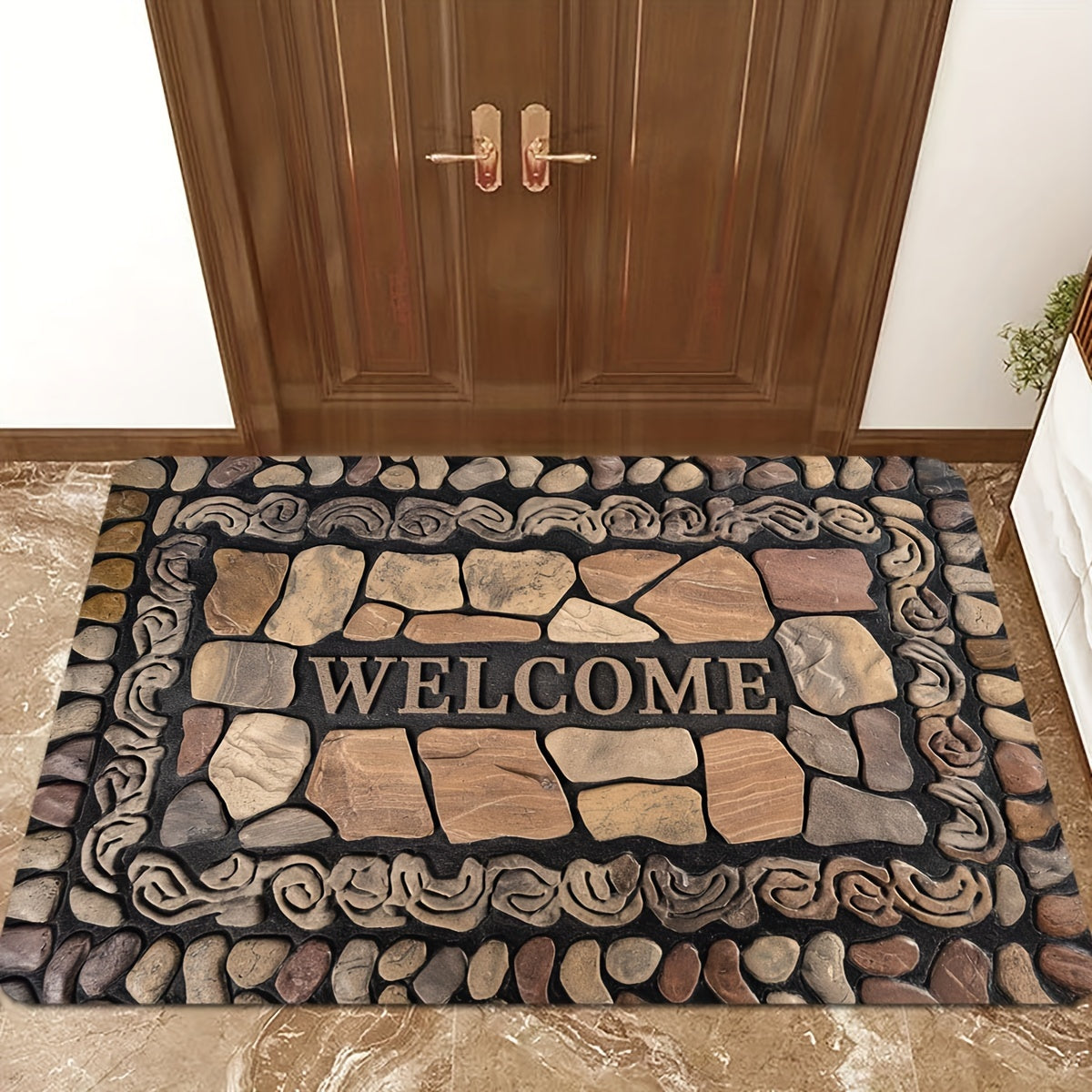 1 pieza, alfombra de bienvenida con estampado de piedras - Alfombra de suelo de poliéster antideslizante para uso interior/exterior, secado rápido, ideal para entrada, cocina, lavandería, baño y más, alfombra de área lavable