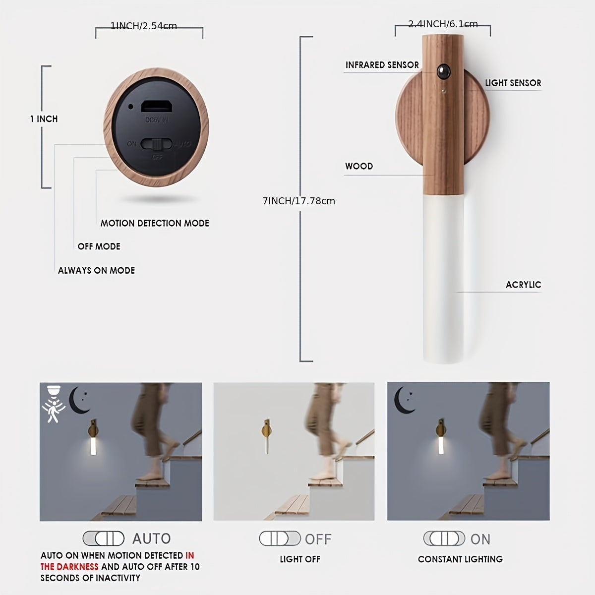 1pc/2piezas Sconce de pared magnético de madera tradicional, luz nocturna de sensor de movimiento LED recargable por USB, montaje semibrillo extraíble para dormitorio, armario, pasillo, escalera, gabinete - Sombrilla de plástico, compatible con ubicación