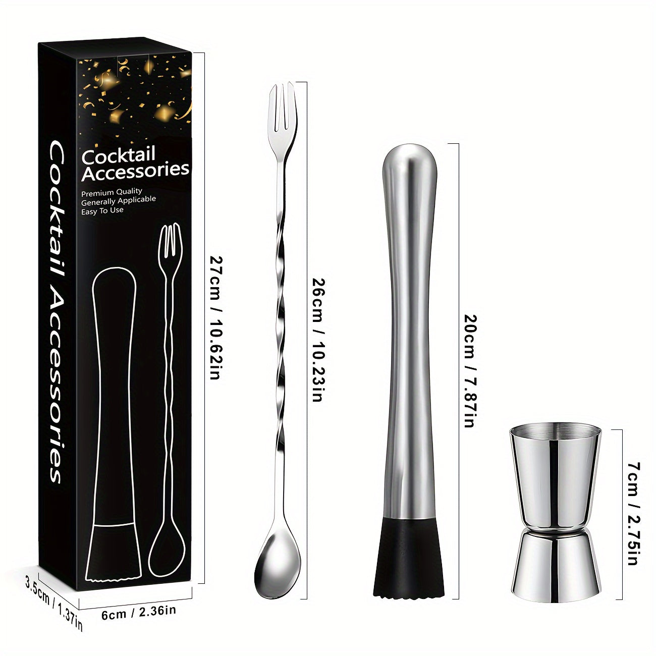 3 piezas de acero inoxidable, juego de mezcladores de cócteles, accesorios de bar con muddler de hielo, cuchara para revolver, taza de medición recta y abridor de botellas, kit de herramientas de bar duraderas para uso doméstico y profesional
