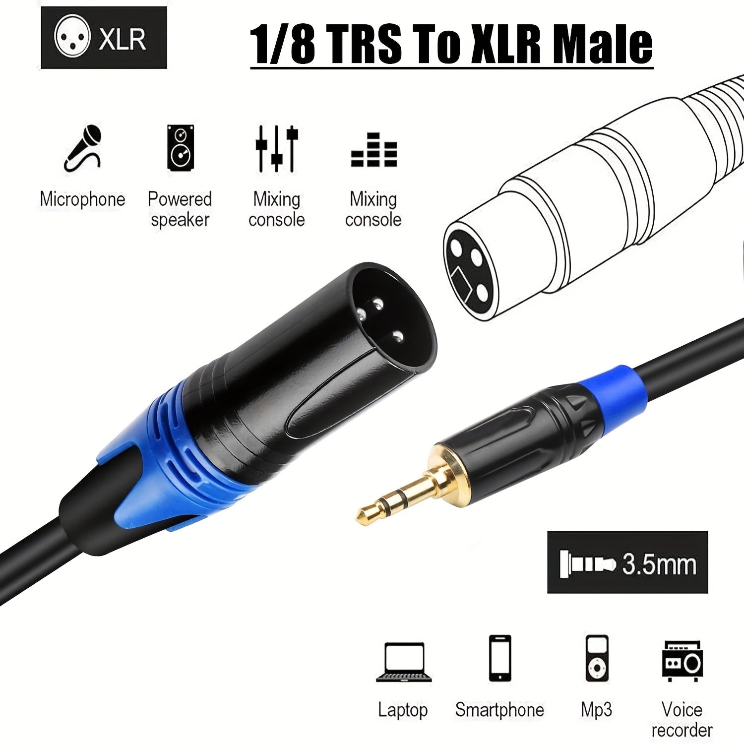 Cable XLR A 3,5 Mm De 3 Pies A 10 Pies - Cable Estéreo Macho TRS De 1/8 A XLR, Macho De 3,5 Mm A XLR Macho De 3 Pines, Cable Adaptador De Audio Auxiliar XLR A Conector Mono De 1/8 Para Mezclador, Computadora Portátil Y Teléfono