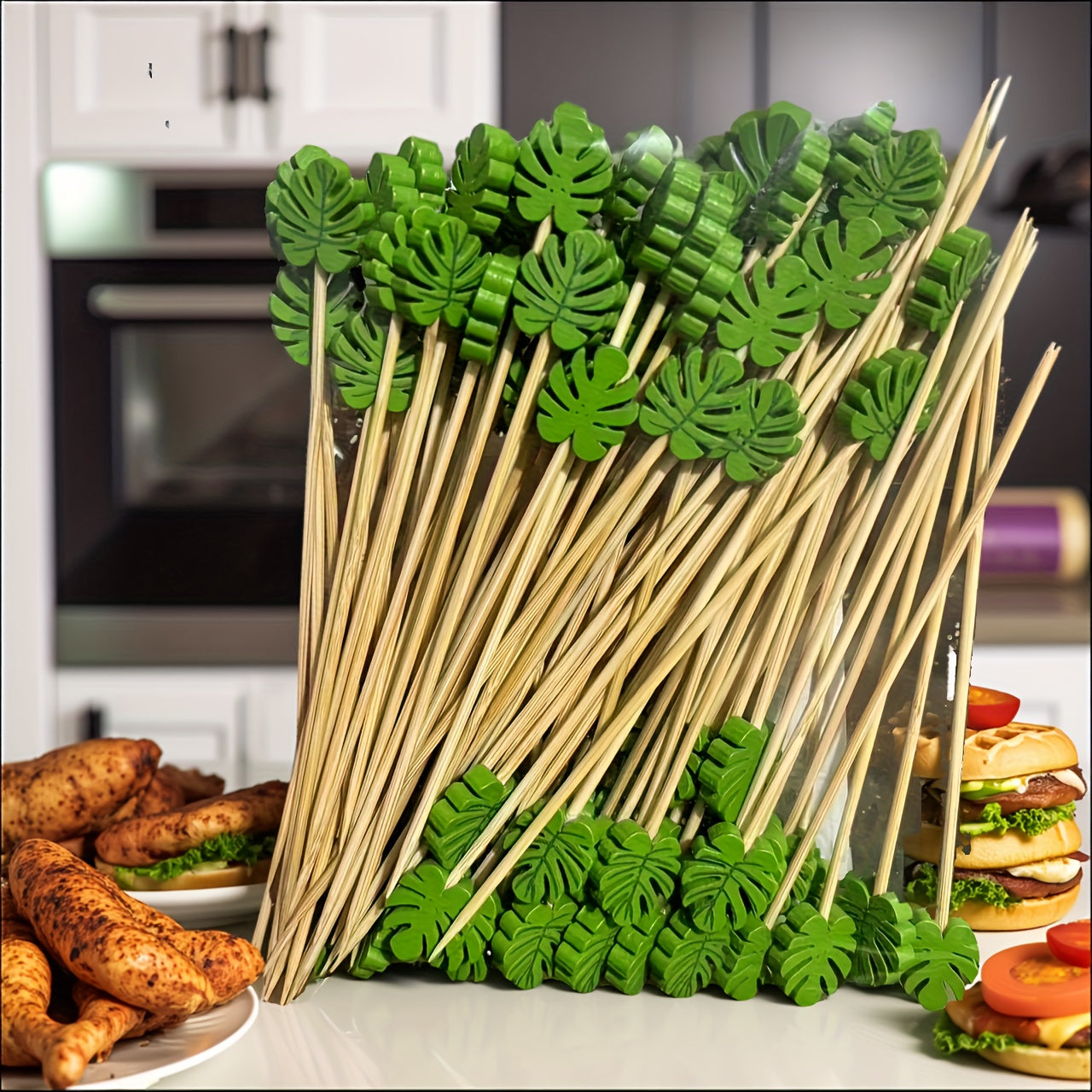 100pcs/50pcs Palitos para Cócteles Tropicales, Palillos de Monstera para Cócteles, Palillos Decorativos para Fiestas, Palos de Bambú Hawaiano, Palitos para Aperitivos y Bebidas Frutales Regalo de Halloween
