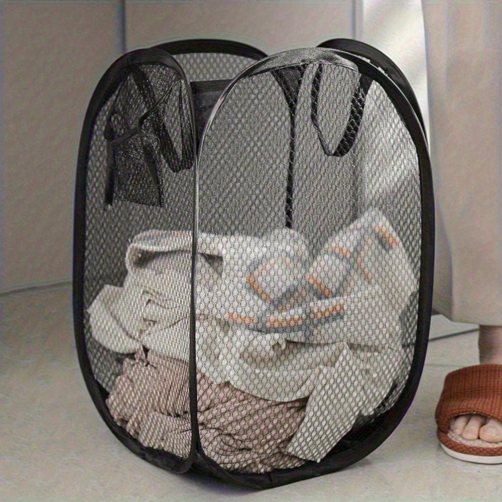Cesta de ropa alargada contemporánea de malla de poliéster con asas – Cesto plegable de gran capacidad para almacenar ropa en sala, baño o dormitorio – Despliega fácilmente, múltiples componentes sin forro