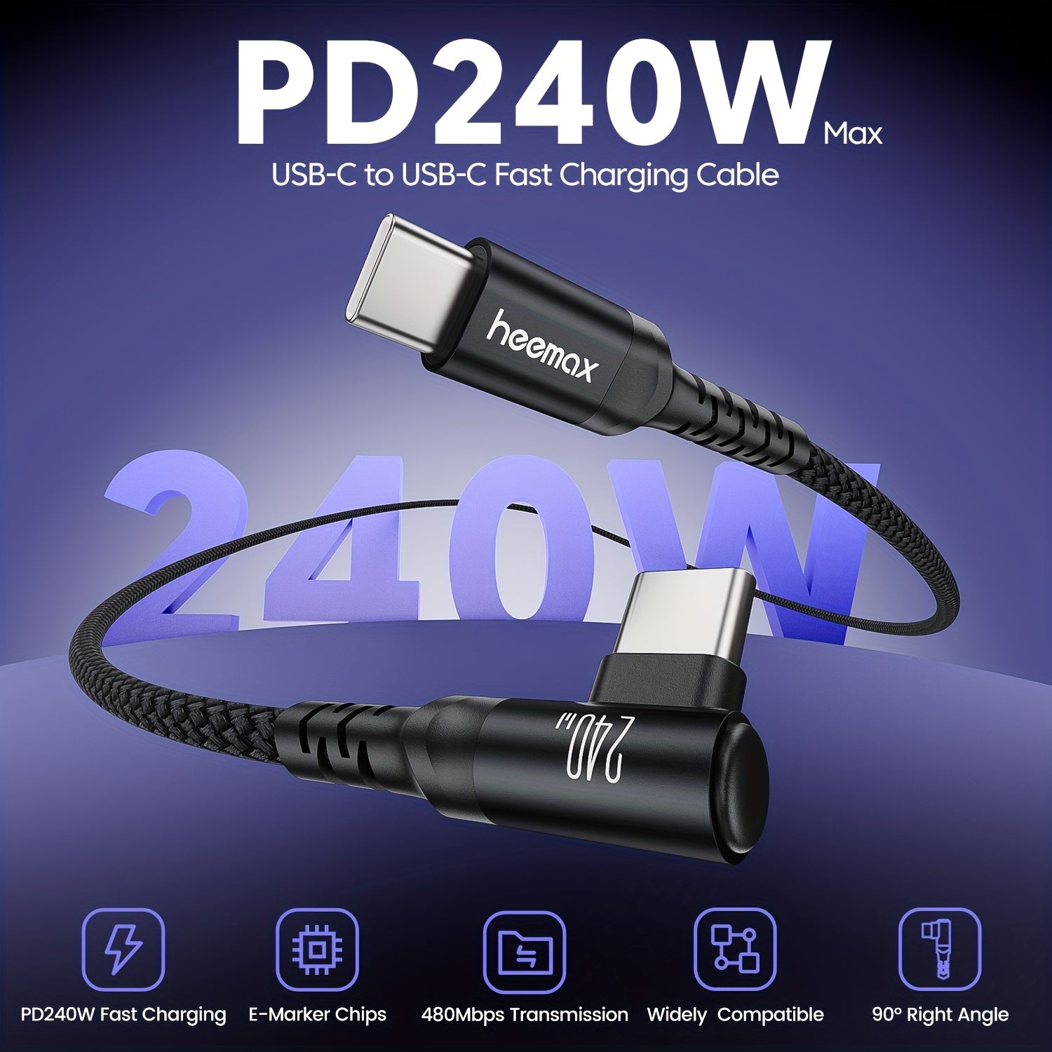 Cable de carga rápida HEEMAX de 240W, con diseño de ángulo recto C a C y USB-C a USB-C, con diseño de 90°, transferencia de datos de alta velocidad, cable trenzado duradero para teléfonos inteligentes y portátiles, cable de carga para teléfono, accesorio